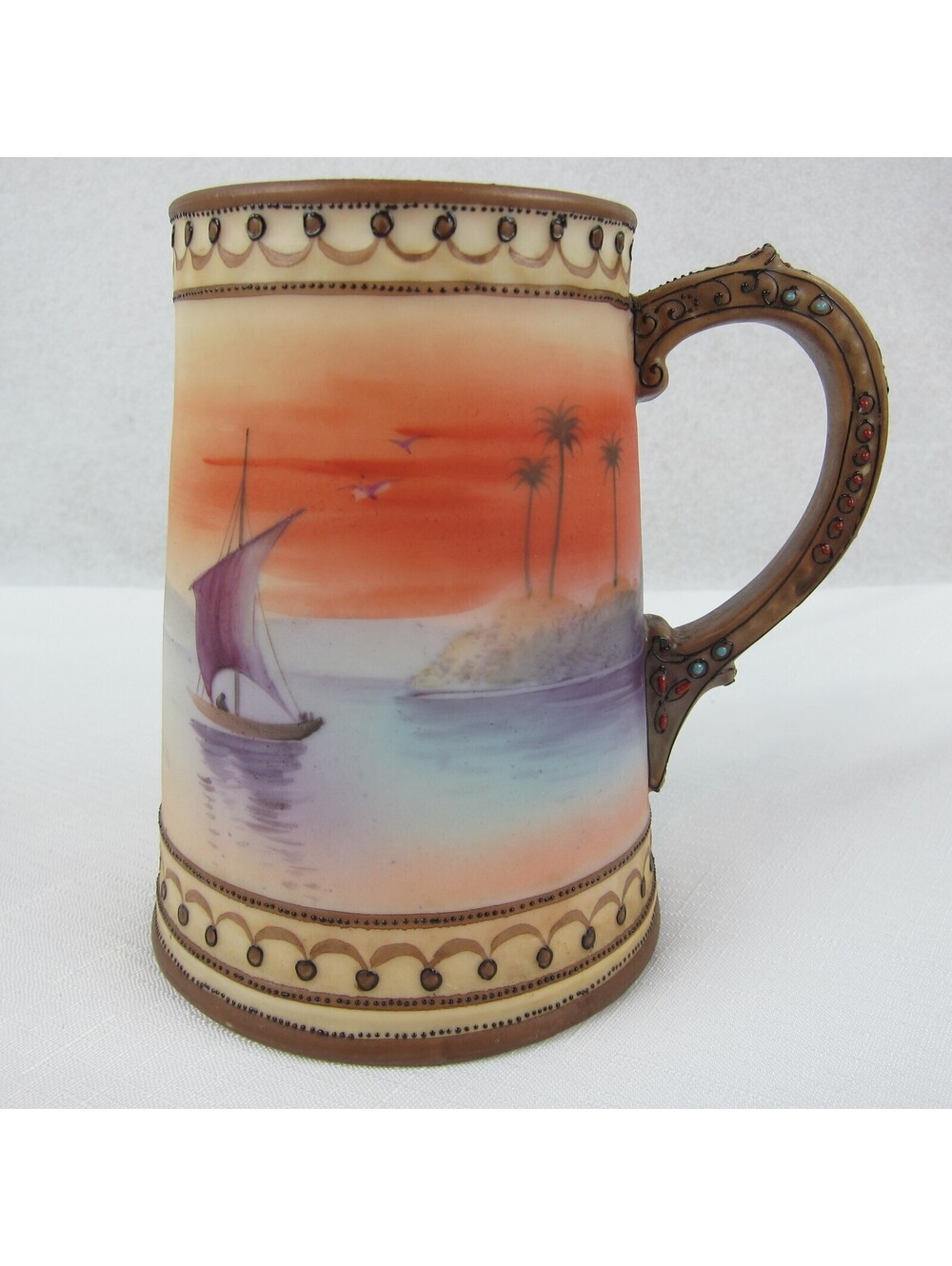 Nippon Moriage Stein Antique Hand Painted Tankard Mug Sailboat & Palm Trees RARE